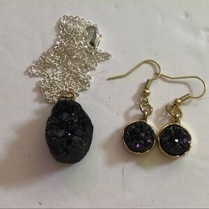 - Black Druzy Quartz Cluster Pendant & earrings.